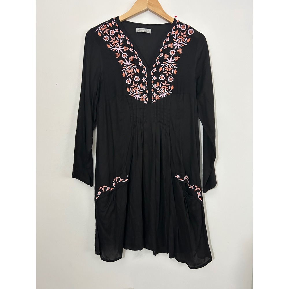 World Market Womens Black Embroidered Boho Tunic Dress Long Sleeve S/M Cottage